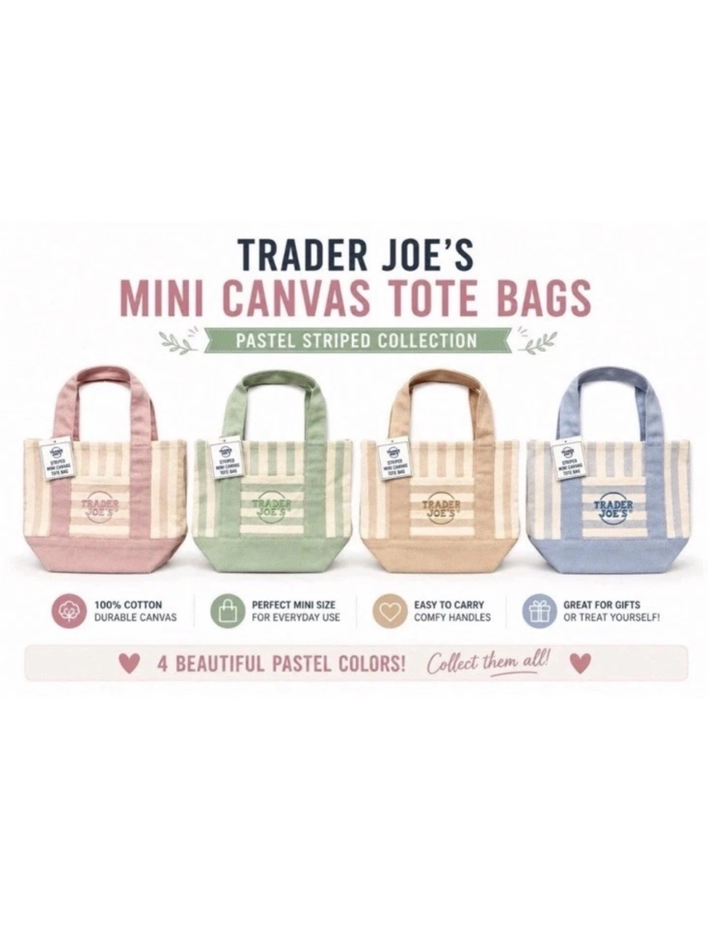 NWT Trader Joe's Striped Canvas Tote Bags. 4 for $50 set, One of any color $15